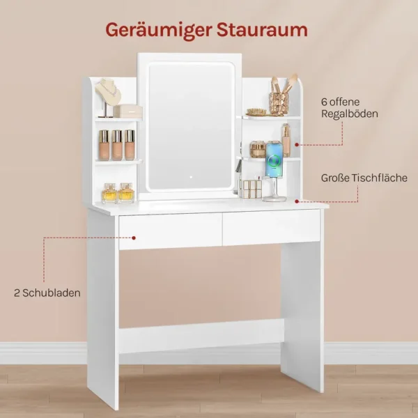 WOLTU Schminktisch mit Spiegel und LED-Beleuchtung, Einstellbarer Helligkeit, Frisiertisch Kosmetiktisch mit licht und 2 Schubladen, 4 offene Ablagen, 2 USB-Ports, Make-up Tisch für Schlafzimmer, Moderner Schminktisch, Weiß MB6112ws - Image 2
