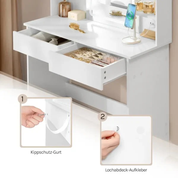 WOLTU Schminktisch mit Spiegel und LED-Beleuchtung, Einstellbarer Helligkeit, Frisiertisch Kosmetiktisch mit licht und 2 Schubladen, 4 offene Ablagen, 2 USB-Ports, Make-up Tisch für Schlafzimmer, Moderner Schminktisch, Weiß MB6112ws - Image 3