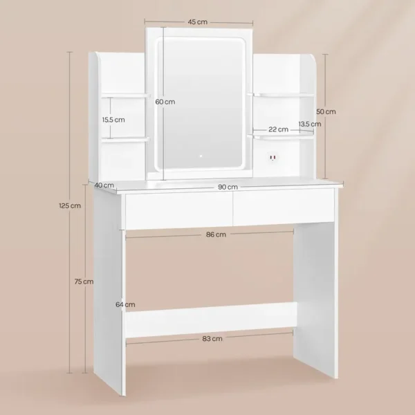 WOLTU Schminktisch mit Spiegel und LED-Beleuchtung, Einstellbarer Helligkeit, Frisiertisch Kosmetiktisch mit licht und 2 Schubladen, 4 offene Ablagen, 2 USB-Ports, Make-up Tisch für Schlafzimmer, Moderner Schminktisch, Weiß MB6112ws - Image 4