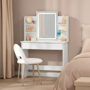 WOLTU Schminktisch mit Spiegel und LED-Beleuchtung, Einstellbarer Helligkeit, Frisiertisch Kosmetiktisch mit licht und 2 Schubladen, 4 offene Ablagen, 2 USB-Ports, Make-up Tisch für Schlafzimmer, Moderner Schminktisch, Weiß MB6112ws