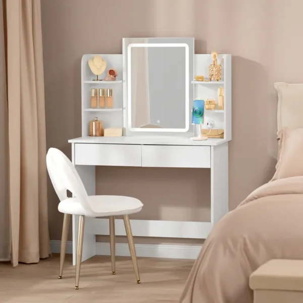WOLTU Schminktisch mit Spiegel und LED-Beleuchtung, Einstellbarer Helligkeit, Frisiertisch Kosmetiktisch mit licht und 2 Schubladen, 4 offene Ablagen, 2 USB-Ports, Make-up Tisch für Schlafzimmer, Moderner Schminktisch, Weiß MB6112ws