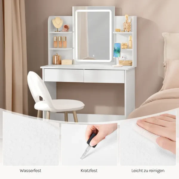 WOLTU Schminktisch mit Spiegel und LED-Beleuchtung, Einstellbarer Helligkeit, Frisiertisch Kosmetiktisch mit licht und 2 Schubladen, 4 offene Ablagen, 2 USB-Ports, Make-up Tisch für Schlafzimmer, Moderner Schminktisch, Weiß MB6112ws - Image 5